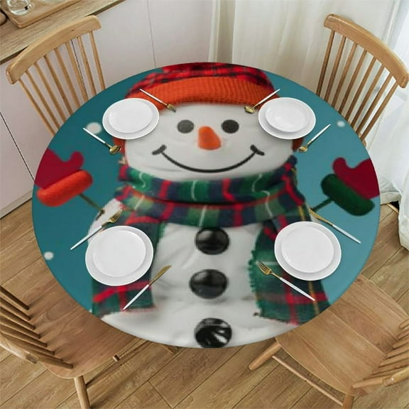 QKZF Winter Xmas Snowman Tablecloth with Elastic Edge, Round Table Cloth Christmas Washable Reusable Table Cover for Kitchen Dining Party Picnic, Small White