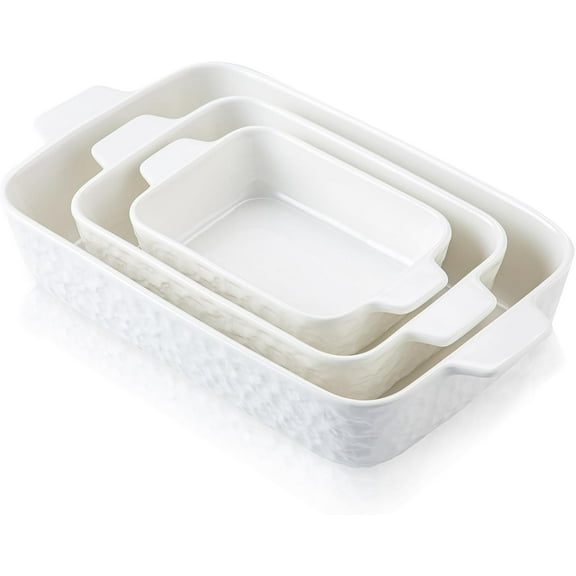 QLANS Casserole Dishes for Oven, Ceramic Baking Dishes Set of 3, Baking Pan Casserole Dish Set, Rectangular Lasagna Pan Deep with Handles for Baking, White (14.5''/11''/8.2''),Set of 3