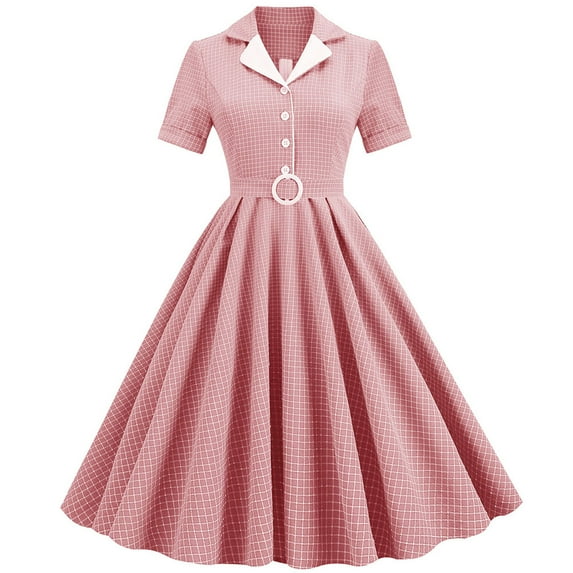 QLEICOM 1950's Dresses for Women Vintage, Contrast Suit Collar Cardigan Dress, Stretch Slim High Waist Swing Ball Dress, Christmas Lace Up Midi Dress, Audrey Hepburn Style Party Dresses Pink M