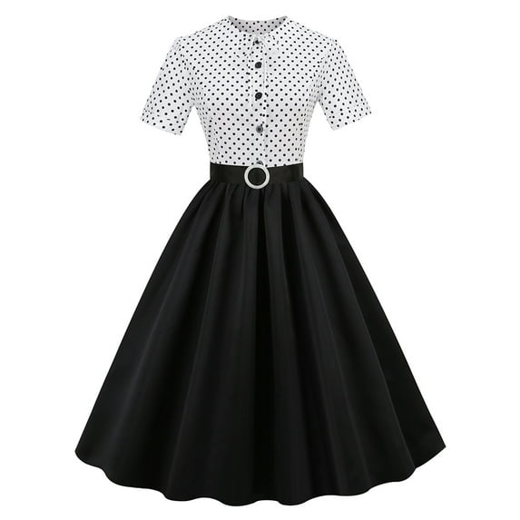 QLEICOM 1950's Dresses for Women Vintage, Contrast Suit Collar Cardigan Dress, Stretch Slim High Waist Swing Ball Dress, Christmas Lace Up Midi Dress, Audrey Hepburn Style Party Dresses White M