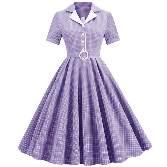 QLEICOM 1950's Dresses for Women Vintage, Contrast Suit Collar Cardigan Dress, Stretch Slim High Waist Swing Ball Dress, Christmas Lace Up Midi Dress, Audrey Hepburn Style Party Dresses Purple L