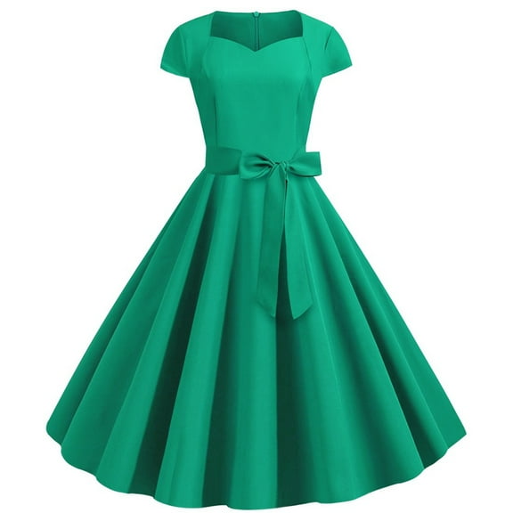 QLEICOM 1950's Dresses for Women Vintage, Gothic Square Neck Short Sleeve Dress, Formal Stretch Slim High Waist Swing Dress, Solid Bow Belt Audrey Hepburn Style Party Dress Green XL