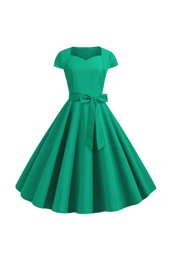 1950's Dresses for Women Vintage, Gothic Square Neck Short Sleeve Dress, Formal Stretch Slim High Waist Swing Dress, Solid Bow Belt Audrey Hepburn Style Party Dress Green XL