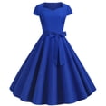thumbnail image 1 of QLEICOM 1950's Dresses for Women Vintage, Gothic Square Neck Short Sleeve Dress, Formal Stretch Slim High Waist Swing Dress, Solid Bow Belt Audrey Hepburn Style Party Dress Blue XL, 1 of 4