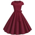 thumbnail image 1 of QLEICOM 1950's Dresses for Women Vintage, Gothic Square Neck Short Sleeve Dress, Formal Stretch Slim High Waist Swing Dress, Solid Bow Belt Audrey Hepburn Style Party Dress Wine M, 1 of 4