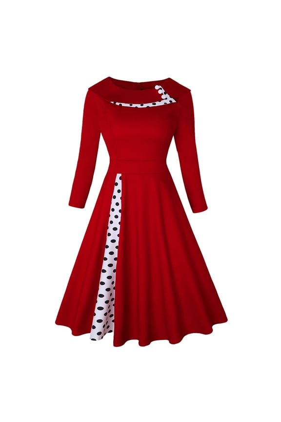 1950's Dresses for Women Vintage, Renaissance Gothic 3/4 Sleeves Round-Neck Patchwork Dress, Womens Celtic Medieval Gothic Retro Dark Midi Dress, Halloween Casual Dress Wine L