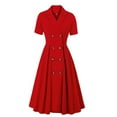 thumbnail image 1 of QLEICOM 1950's Dresses for Women Vintage, Short Sleeve V-Neck Lapel Dress, Solid Formal Stretch Slim Button High Waist Swing Dress, Audrey Hepburn Style Party Dresses Red XXL, 1 of 4
