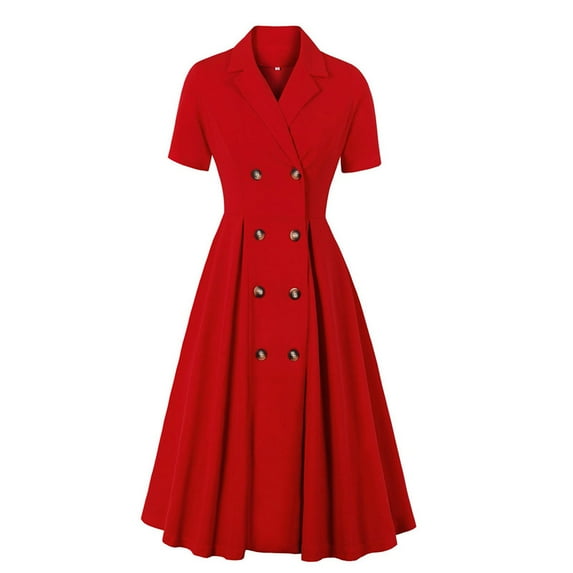 QLEICOM 1950's Dresses for Women Vintage, Short Sleeve V-Neck Lapel Dress, Solid Formal Stretch Slim Button High Waist Swing Dress, Audrey Hepburn Style Party Dresses Red XXL