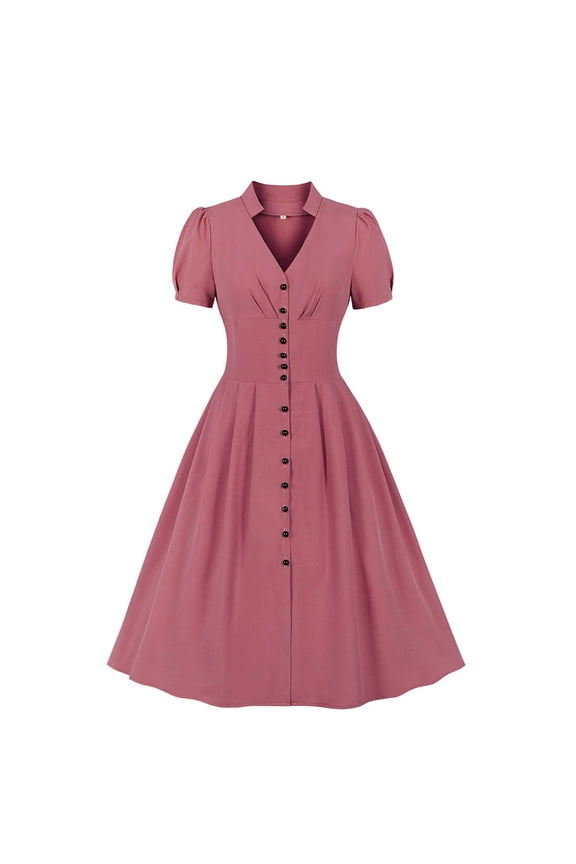 1950's Dresses for Women Vintage, Short Sleeve V-Neck Lapel Dress, Solid Formal Stretch Slim Button High Waist Swing Dress, Audrey Hepburn Style Party Dresses Pink S