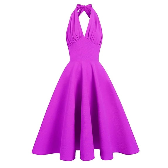 QLEICOM 1950's Dresses for Women Vintage, Sleeveless Halterneck Lace-up Dress, Formal Stretch Slim High Waist Swing Dress, Audrey Hepburn Style Party Dresses Purple XL