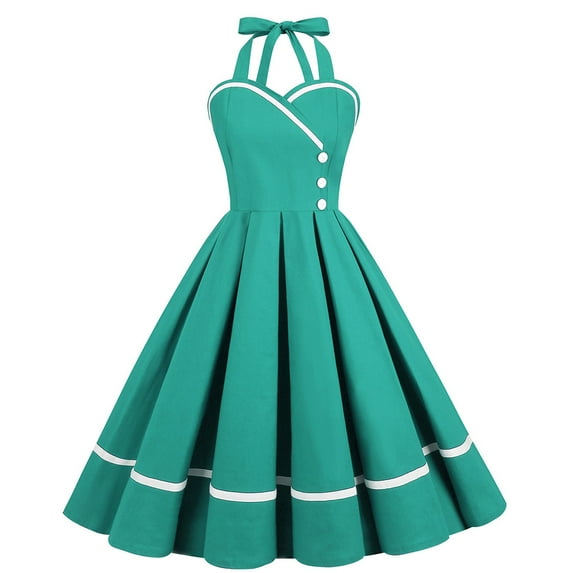 QLEICOM 1950's Dresses for Women Vintage, Sleeveless Halterneck Lace-up Dress, Formal Stretch Slim High Waist Swing Dress, Audrey Hepburn Style Party Dresses Light Green XXL