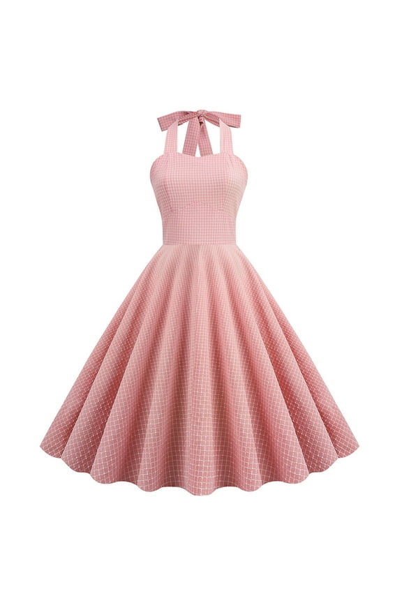 1950's Dresses for Women Vintage, Sleeveless Halterneck Lace-up Dress, Formal Stretch Slim High Waist Swing Dress, Audrey Hepburn Style Party Dresses Light Pink L