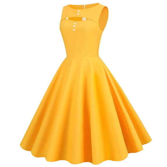 QLEICOM 1950's Dresses for Women Vintage, Sleeveless Hollow Mid-Length Dress, Formal Stretch Slim High Waist Swing Dress, Audrey Hepburn Style Party Dresses Gold S