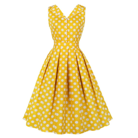 QLEICOM 1950's Dresses for Women Vintage, Sleeveless Hollow Mid-Length Dress, Formal Stretch Slim High Waist Swing Dress, Audrey Hepburn Style Party Dresses Yellow XL