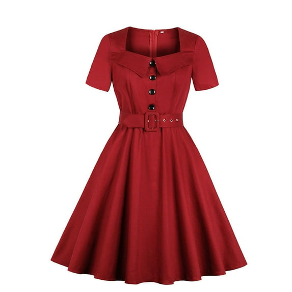 QLEICOM 1950's Dresses for Women Vintage, Stand Collar Lapel Button Dress, Square Neck Stretch Slim High Waist Swing Dress, Audrey Hepburn Style Party Dresses Wine L