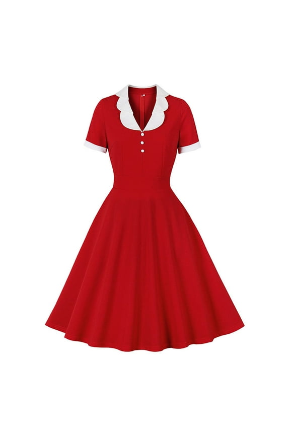 1950's Dresses for Women Vintage, Stand Collar Lapel Contrasting Dress, V-Neck Stretch Slim High Waist Swing Dress, Audrey Hepburn Style Party Dresses Red XXL