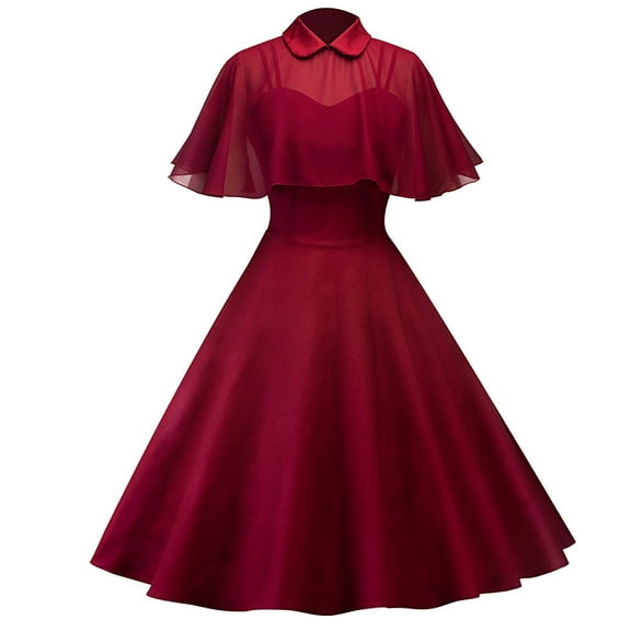 QLEICOM 1950's Dresses for Women Vintage, Stand Collar Shawl Two-Piece Dress, Stretch Slim High Waist Swing Lace Sling Dress, Audrey Hepburn Style Party Dresses Wine XL