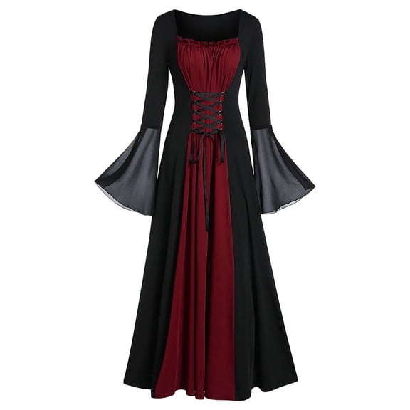 QLEICOM 1950's Dresses for Women Vintage, Womens Celtic Medieval Floor Length Dress, Renaissance Gothic Cosplay Dress, Mesh Bell Sleeve Irregular Long Dress Wine XXL