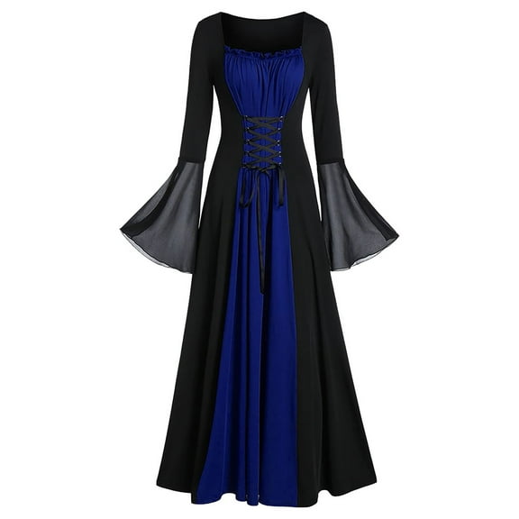 QLEICOM 1950's Dresses for Women Vintage, Womens Celtic Medieval Floor Length Dress, Renaissance Gothic Cosplay Dress, Mesh Bell Sleeve Irregular Long Dress Blue XXL