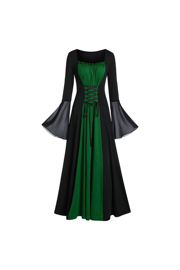 1950's Dresses for Women Vintage, Womens Celtic Medieval Floor Length Dress, Renaissance Gothic Cosplay Dress, Mesh Bell Sleeve Irregular Long Dress Green XXL