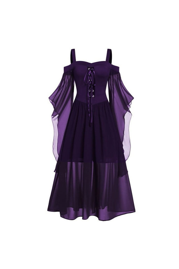 1950's Dresses for Women Vintage, Womens Celtic Medieval Floor Length Dress, Renaissance Gothic Cosplay Dress, Off-Shoulder Sleeve Button Irregular Dress Dark Purple 4XL