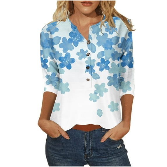 QLEICOM 4th of July Shirts Women's Independence Day Print T-Shirt Summer Pattern T Shirt Cute Flower Graphic Loose Tees Crew Neck 3/4 Sleeves Loose Casual Tops Light Blue B M, US Size 6