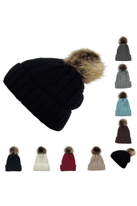 Beanie for Women,Womens Winter Hat,Women Chunky Knit Beanie with Playful Faux Fur Pom Pom On Top for Stylish Winter Accessory Thick Ribbed Hat Warm and Cozy for The Season Beige
