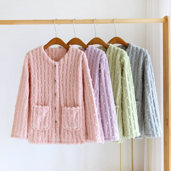 QLEICOM Bed Jackets for Women,Thermal Long Sleeve Women,Thick Plush House Coats for Women Winter Warm Button Down Fleece Pajama Tops Soft Fuzzy Lounge Shirts with Pockets