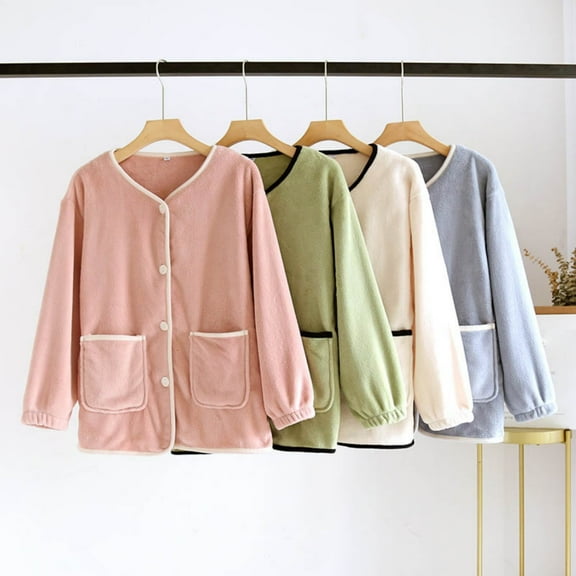 QLEICOM Bed Jackets for Women,Thermal Long Sleeve Women,Thick Plush House Coats for Women Winter Warm Button Down Fleece Pajama Tops Soft Fuzzy Lounge Shirts with Pockets