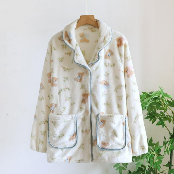 QLEICOM Bed Jackets for Women,Thermal Long Sleeve Women,Women's Print Sleepshirt with Collar Button Front and Pockets for Loungewear Long Sleeve Pajama Top Combines Fashion with Relaxed Comfortable