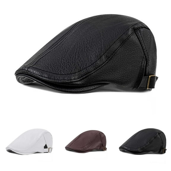 QLEICOM Beret Hats for Women,Mens Hats,Women Retro PU Leather Newsboy Cap with Structured Brim and Quilted Lining for Classic British Autumn Style Peaked Beret Fashion Statement Black