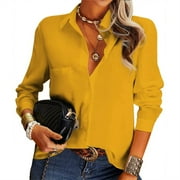 QLEICOM Blouses for Women Casual V Neck Solid Color Womens Long Sleeve Button Down Tops Cotton Shirts, Summer Career Blouses & Button-Down Shirts, Cardigan Tops S-2XL
