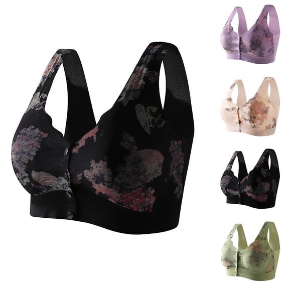 QLEICOM Bras for Older Women,Wireless Bra,Easy Hook Front Closure Wireless Bra Cami Full Coverage Smooth Seamless Gentle Support Comfortable Fits for Mature Women Daily Green