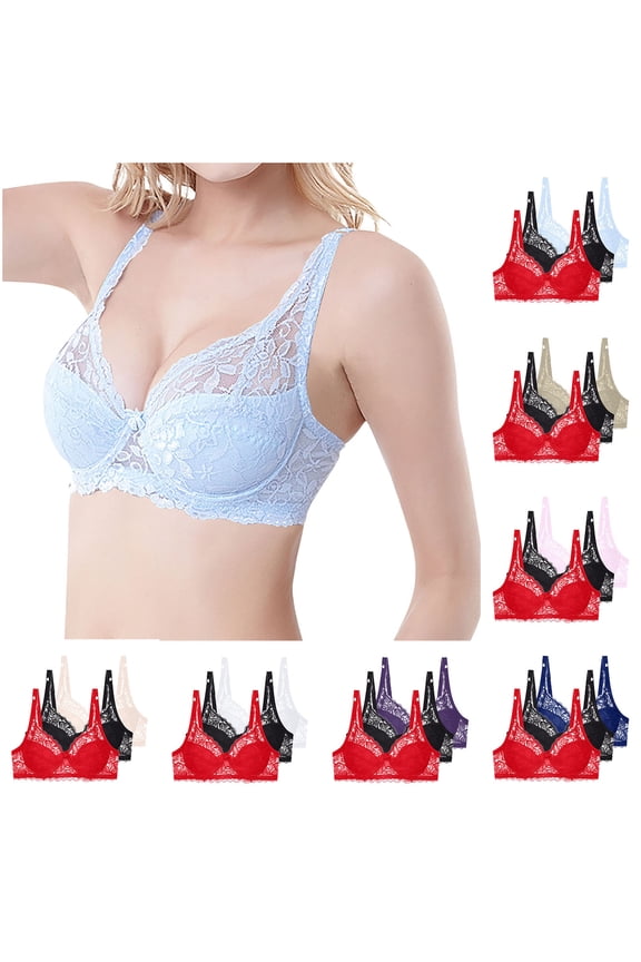 Bras for Women,Push Up Bra,3 Piece Plus Size Underwire Bra Set Solid Color with Lace Overlay Lightly Lined Full Coverage for Lift Breathable European Style Fits Light Blue