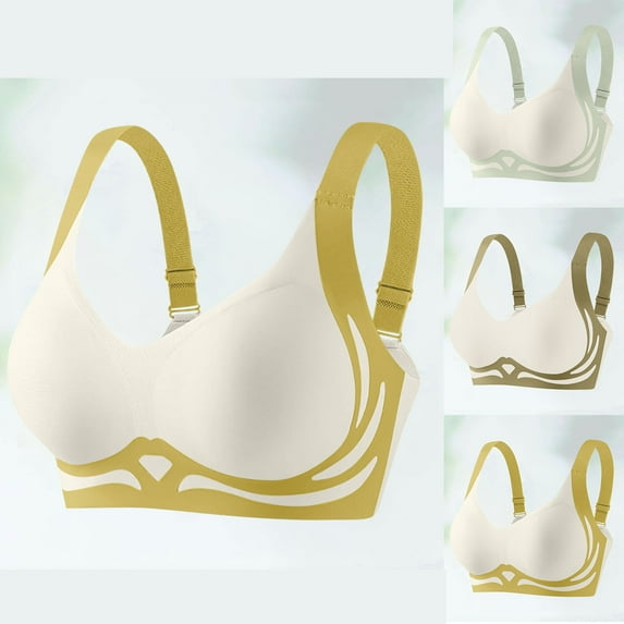 QLEICOM Bras for Women,Push Up Bra,Solid Color with Accent Uplift Bra Wireless Side Support for Maximum Lift and Shape Daily Comfortable and Invisible Support Yellow