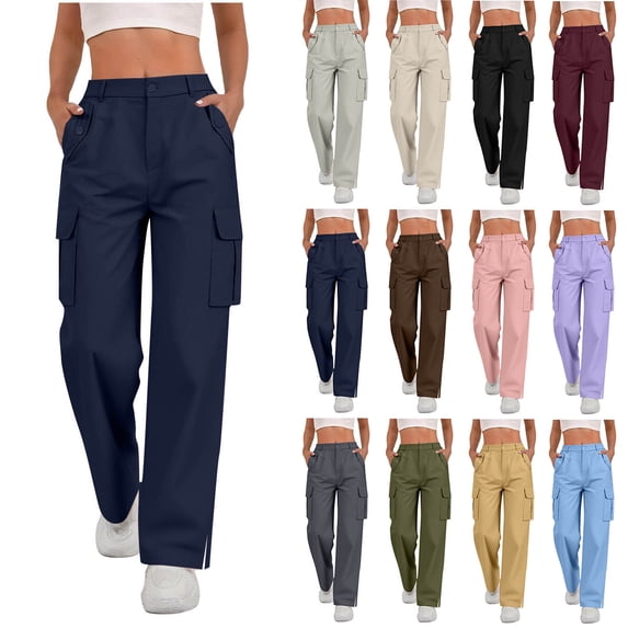 QLEICOM Cargo Pants Women,Pants for Women, Meets Style in Our Solid Color Work Pants for Women with Elastic Waistband Functional Button Pockets and Modern Side Slit