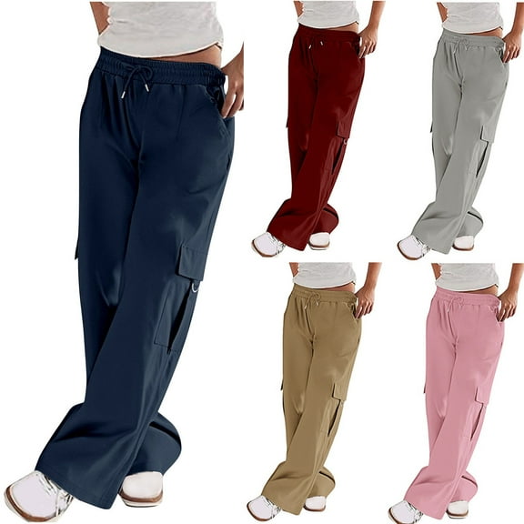 QLEICOM Cargo Pants Women,Pants for Women,Women's Solid Color Cargo Pants with Elastic Low Waist and Multiple Pockets Functional Workwear Trousers for Daily Use