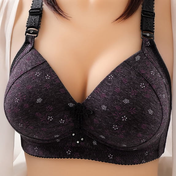 QLEICOM Everyday Bras for Women, Women's Comfort Lift Wirefree Bra Print Gathered Together Large Size Daily Bra Underwear No Rims Bras No Underwire Black Cup 38/85BC