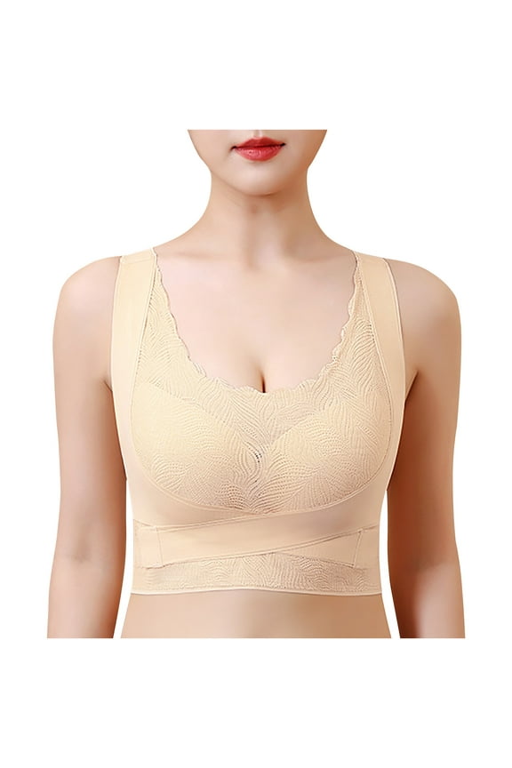 Everyday Bras for Women, Women's Comfort Lift Wirefree Bras Wire Free Underwear OnePiece Cross Side Buckle Bra Everyday Underwear Bras No Underwire Beige Cup 36/80ABC