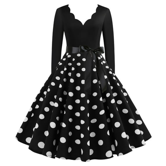 QLEICOM Halloween Costumes, Vintage V Neck 1950s Housewife Evening Party Prom Dress for Women, Retro Swing Cocktail Party Dress, Halloween Skull Print Long Sleeve Slim Dress S S