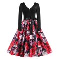 thumbnail image 1 of QLEICOM Halloween Costumes, Vintage V Neck 1950s Housewife Evening Party Prom Dress for Women, Retro Swing Cocktail Party Dress, Halloween Skull Print Long Sleeve Slim Dress F XL, 1 of 4