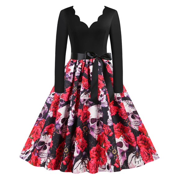 QLEICOM Halloween Costumes, Vintage V Neck 1950s Housewife Evening Party Prom Dress for Women, Retro Swing Cocktail Party Dress, Halloween Skull Print Long Sleeve Slim Dress F XL