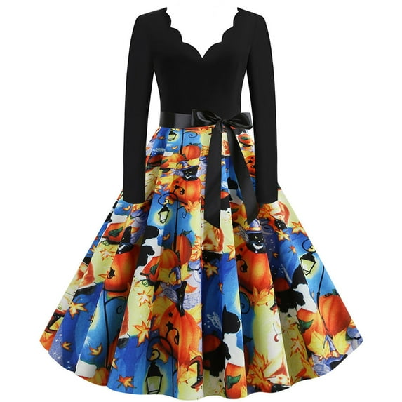 QLEICOM Halloween Costumes, Vintage V Neck 1950s Housewife Evening Party Prom Dress for Women, Retro Swing Cocktail Party Dress, Halloween Skull Print Long Sleeve Slim Dress M XXL