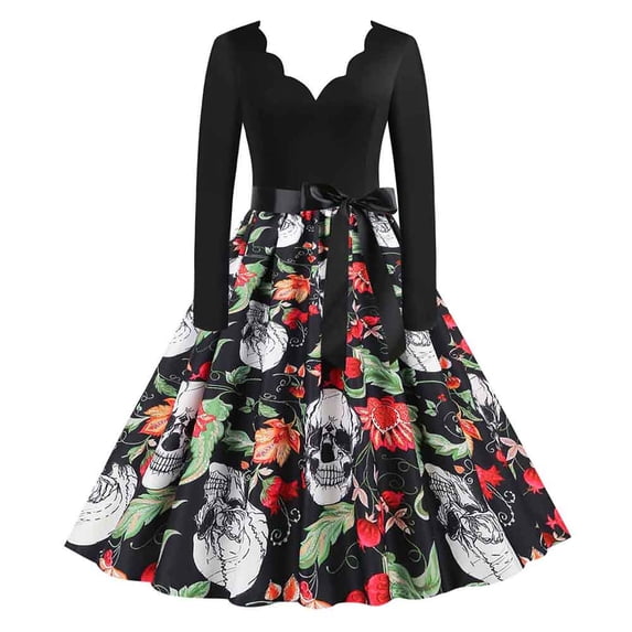 QLEICOM Halloween Costumes, Vintage V Neck 1950s Housewife Evening Party Prom Dress for Women, Retro Swing Cocktail Party Dress, Halloween Skull Print Long Sleeve Slim Dress D S