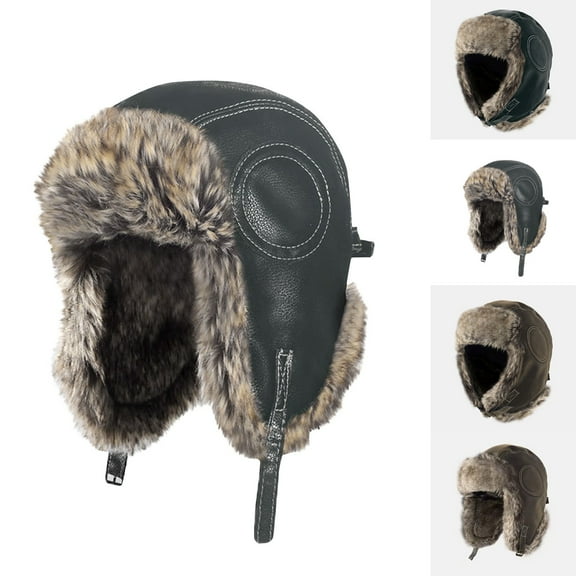 QLEICOM Hats for Men,Mens Hats,Men's Leather Winter Cap with Faux Fur Lining and Ear Protection Motorcycle Style Windproof Hat for Outdoor Adventures Black