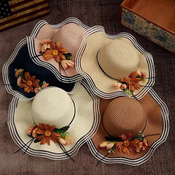 QLEICOM Hats for Women,Womens Hats,Women's Sunflower Print Straw Hat with Extra Wide Brim and UPF Protection Fashion Beach Sun Hat for Seaside Va ions Khaki