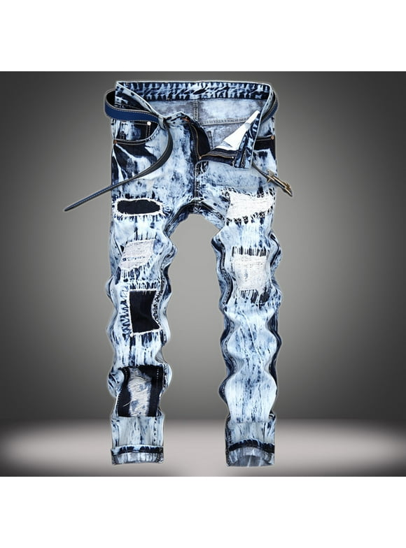 Jeans for Men,Mens Jeans Relaxed Fit,Men Straight Leg Denim Jeans with Embroidery Patch and Distressed Rip Details for Unique Artistic Look Slim Fits Pants with Contrast Panel