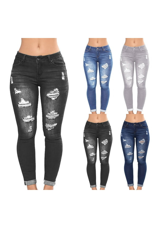 Jeans for Women,Womens Jeans,Women's Distressed Denim Jeans with Side Pockets and Casual Fits Fashionable Ripped Knee for Everyday Style