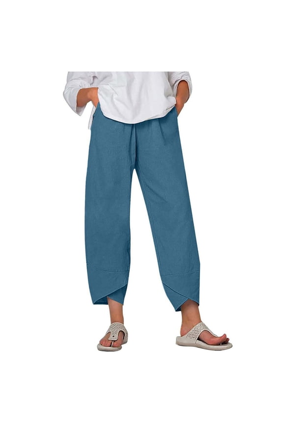Joggers for Women with Pockets, Elastic High Waist Sweat Pants, Solid Activewear Jogger Workout Yoga Pants, Loose Lounge Pants Summer Trousers Cotton Linen Pants Blue S