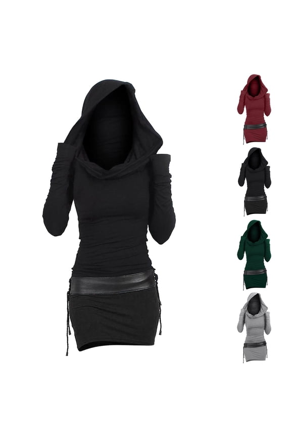 Long Sleeve Dress for Women,Fall Dresses,Women's Long Sleeve Hooded Dress with Contrast Panels and Eyelet Details for Oldschool Look Punk Gothic Style Dress Ideal for Parties and Night Out